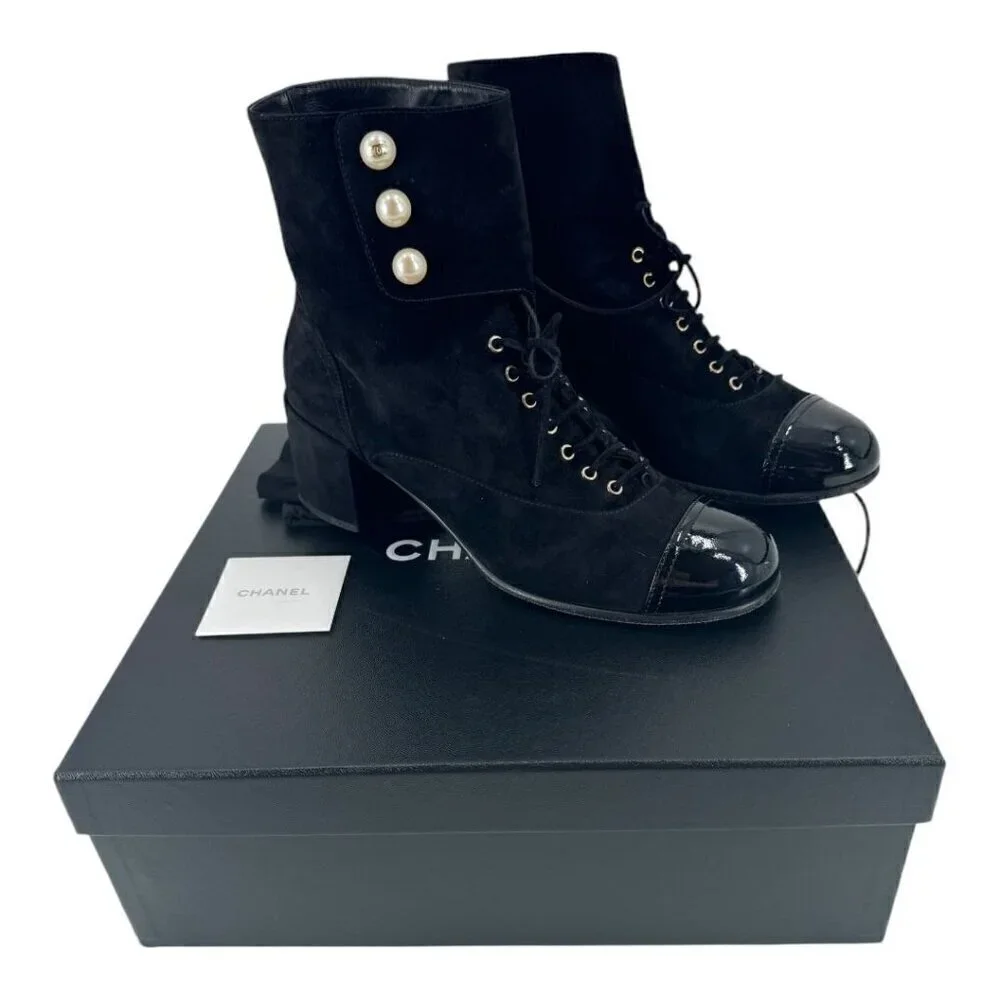 Chanel Suede Pearl CC Logo Patent Cap Toe Short Boots - Picture 3 of 16